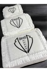 3'lü Damat Fiyonk Figürlü Çeyizlik Saten Bohça Nişan Gelin Damat Hurç Seti