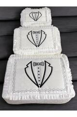 3'lü Damat Fiyonk Figürlü Çeyizlik Saten Bohça Nişan Gelin Damat Hurç Seti