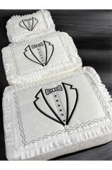 3'lü Damat Fiyonk Figürlü Çeyizlik Saten Bohça Nişan Gelin Damat Hurç Seti