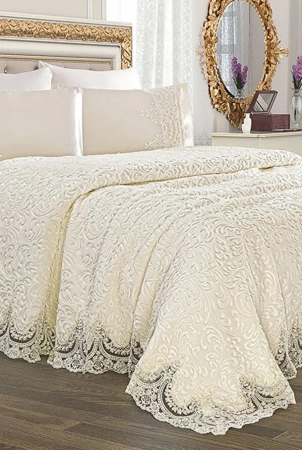 madam gold Çift Kişilik Fıransız Güpürlü Battaniye Yatak Örtüsü Takımı Çeyizlik Özel Kutulu Gönderim