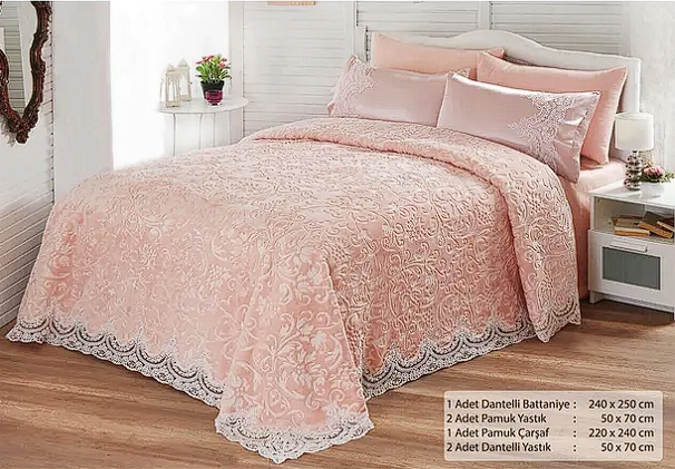 madam gold Gelin Battaniye Seti Fransız Güpürlü Inci Işlemeli Yatak Örtüsü Özel Kutulu Gönderim