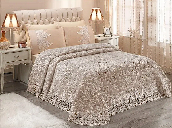 Çift Kişilik Güpürlü  Gelin Battaniye Seti Dantelli Çeyizlik Battaniye Takımı Cappuccino