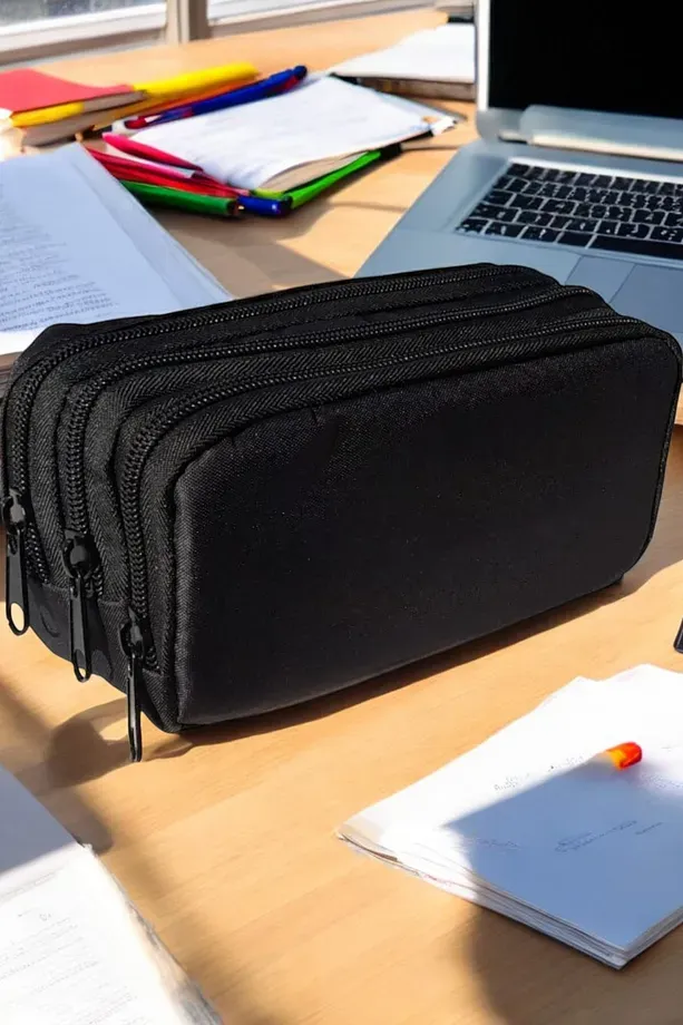 lisanslı üç bölmeli geniş hacimli sade siyah kalemlik makyaj çantası 20cm 9 cm 9 cmebatlarında
